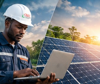 Technicien CLLC devant une installation de panneaux solaires, ordinateur portable en main